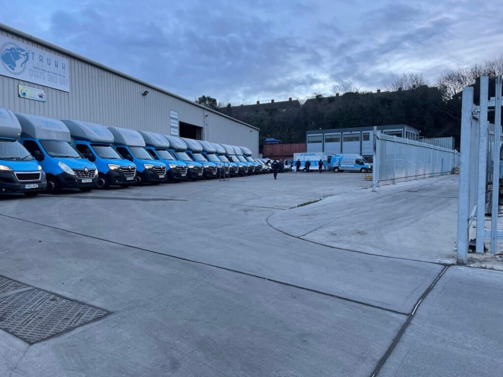 Trunk Logistics fleet vehicles lined up outside our Essex warehouse storage facility