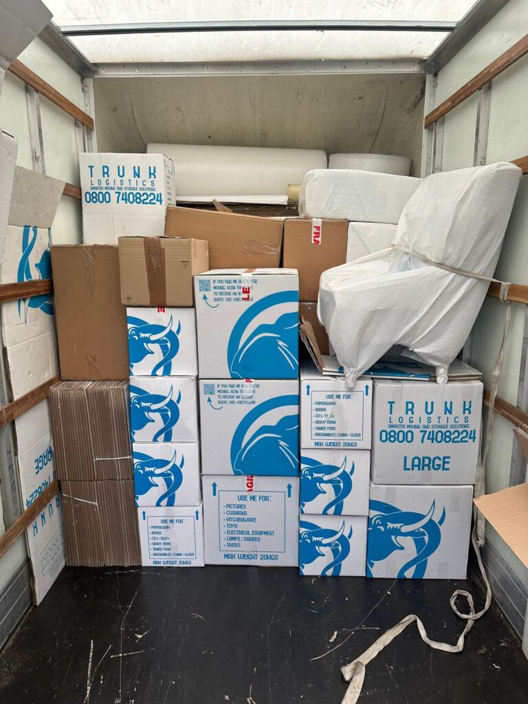 securely loaded removals van with packed boxes and furniture