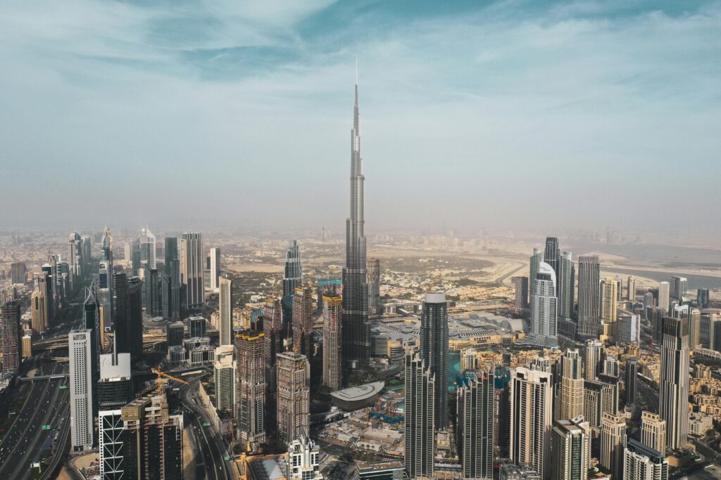 Aerial view of Downtown Dubai with the Burj Khalifa dominating the skyline — secondary destination image for Trunk Logistics UK to Dubai removals guide