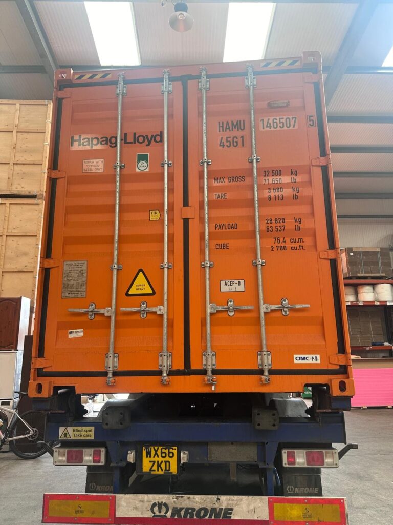 Hapag-Lloyd 45ft high cube shipping container loaded at Trunk Logistics Essex depot for UK to South Africa sea freight removal