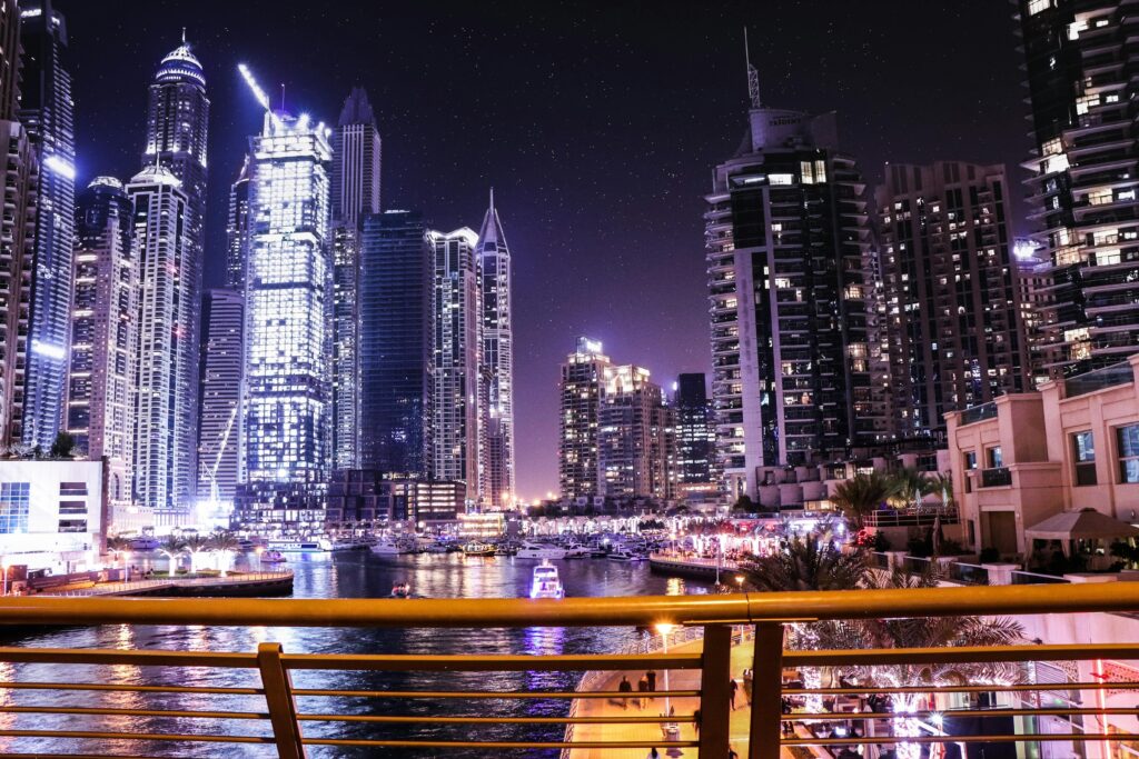 Dubai Marina skyline at night representing international removals and relocations to Dubai and the UAE