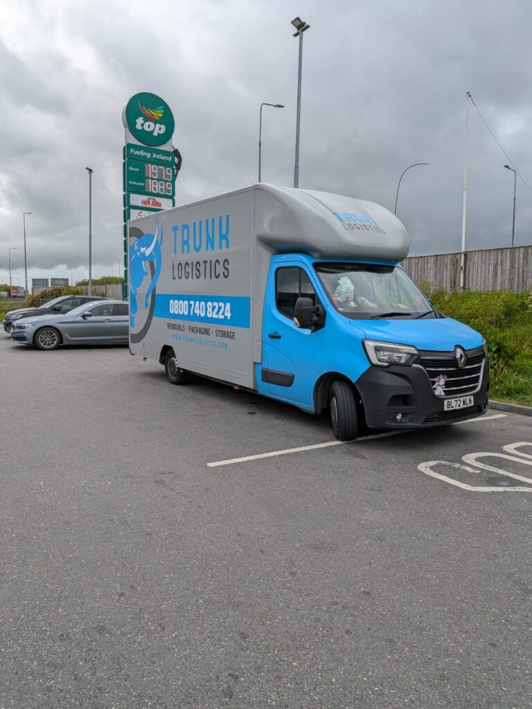 Ireland Removals Trunk Logistics removal van at a Republic of Ireland service station — Ireland to UK and UK to Ireland removals service operating across all 32 Irish counties
